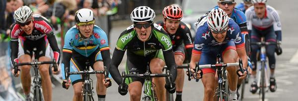 Shane Archbold sprints for the line in stage two of the An Post Tour in Ireland today.